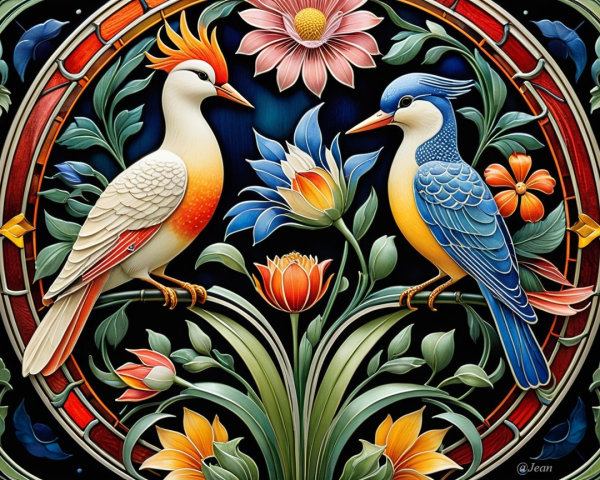 Intricate Birds Amidst Vibrant Foliage and Flowers