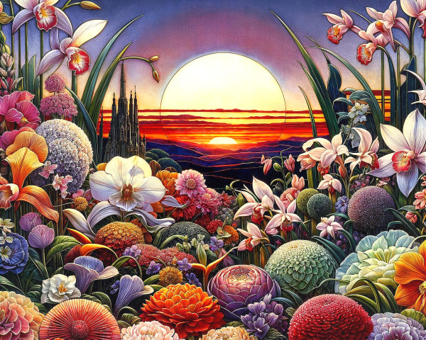 Vibrant Landscape with Blooming Flowers and Sunset