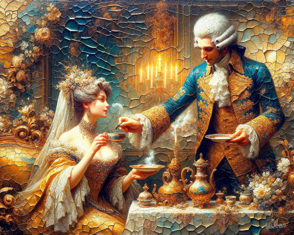 18th-Century Tea Ceremony with Elegantly Dressed Figures
