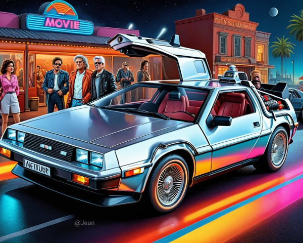 Futuristic Silver DeLorean on Neon-Lit Street
