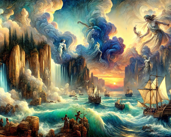Whimsical Seascape with Ships and Ethereal Figures