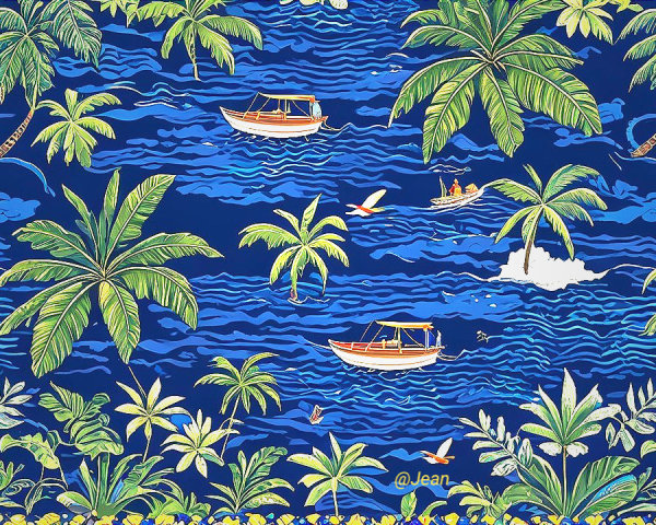 Dark Blue Water Pattern with Palm Trees and Boats