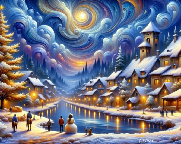 Winter Village Scene with Snow and Festive Atmosphere