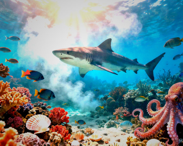 Underwater Scene Featuring Great White Shark and Coral Reef