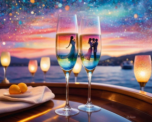 Elegant Champagne Flutes Against Sunset Background