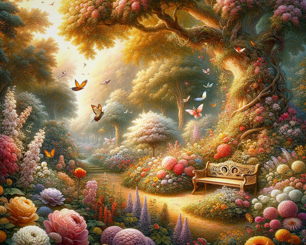 Vibrant Garden with Colorful Flowers and Tranquil Beauty