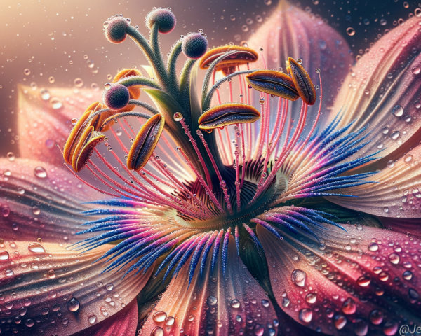 Close-Up View of a Vibrant Flower with Dewdrops