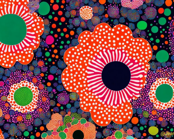 Vibrant Flower and Dot Pattern on Dark Background