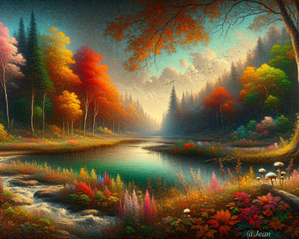 Autumn Landscape with Colorful Foliage and River