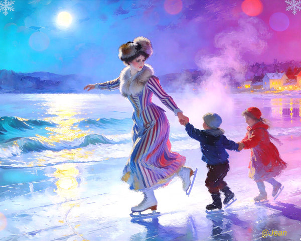 Elegant Woman and Children Ice Skating at Night