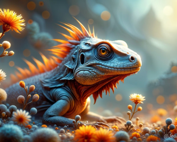 Lizard Among Colorful Flowers in Mystical Light
