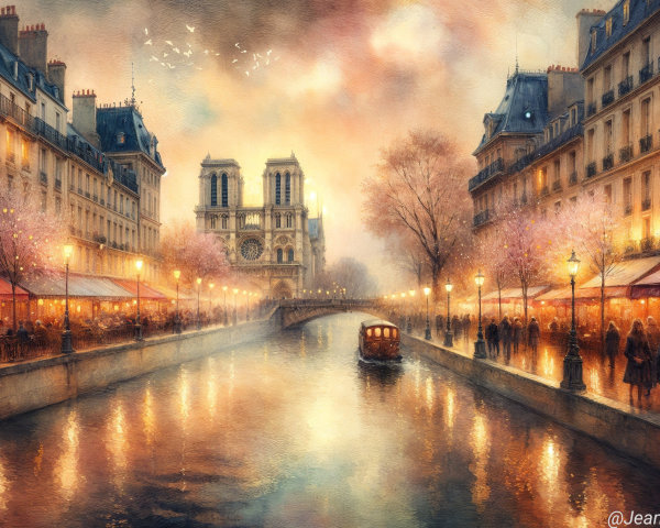 Serene Evening Scene of Notre-Dame Cathedral in Paris