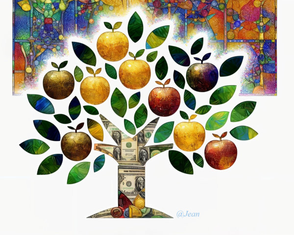 Stylized tree with multicolored leaves and apples