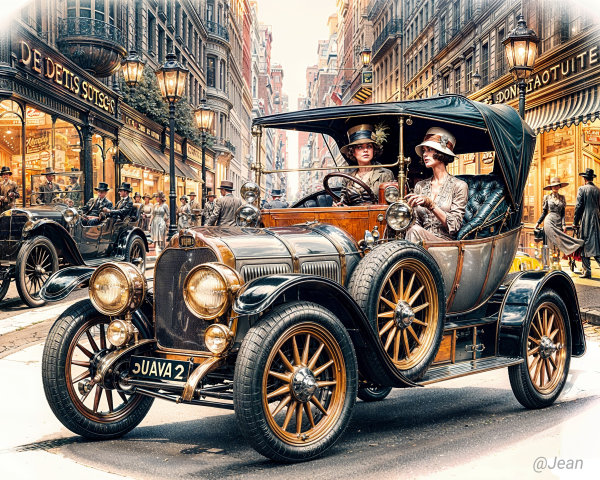 Vintage City Street Scene with Early 20th-Century Car