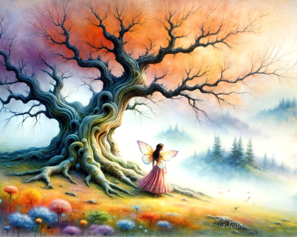 Whimsical Landscape with Majestic Tree and Fairy