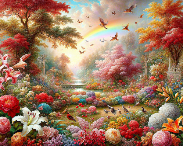 Vibrant Garden Scene with Colorful Flowers and Rainbow