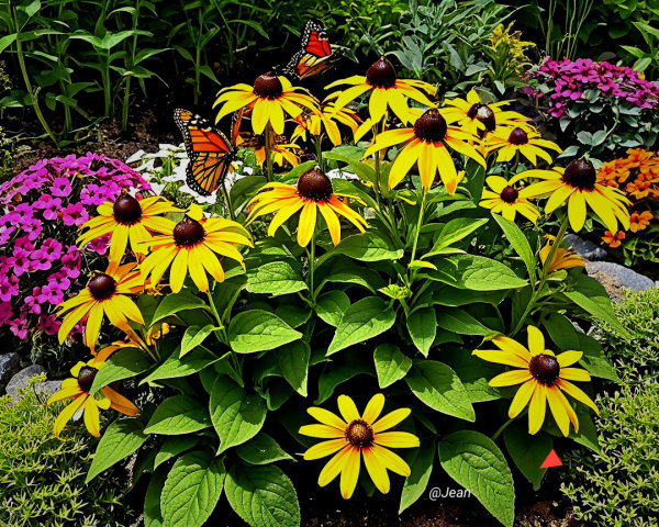 Vibrant Floral Display with Butterflies and Colorful Blooms