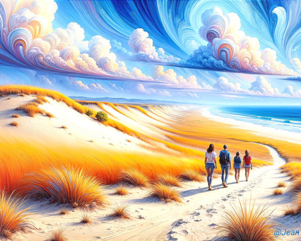 Coastal Scene with Figures Walking on Sandy Path