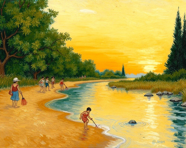 Serene Riverside Scene with Children at Sunset