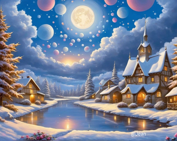 Winter Landscape with Village, River, and Twilight Sky