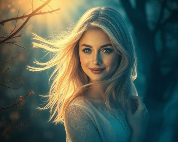 Young Blonde Woman in Lace Dress in Forest Setting