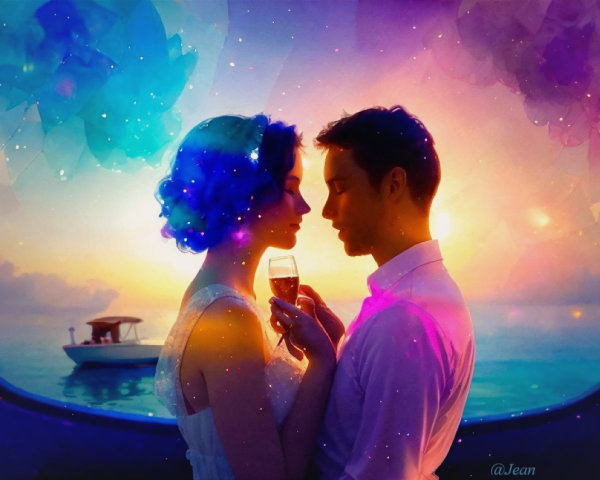 Romantic Sunset Scene with Couple and Boat Background