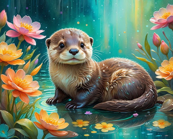 Otter by a Tranquil Pond with Colorful Flowers