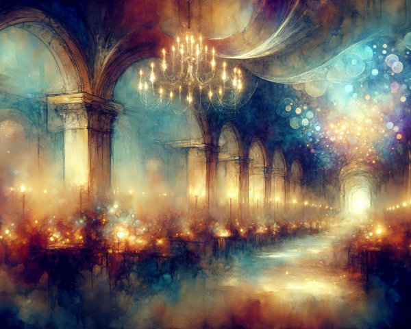 Ethereal Hall with Chandeliers and Mystical Atmosphere