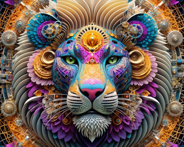 Intricate Lion Face Design with Floral Patterns