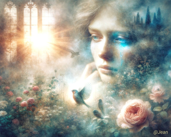 Ethereal Painting of Woman's Face in Blooming Garden