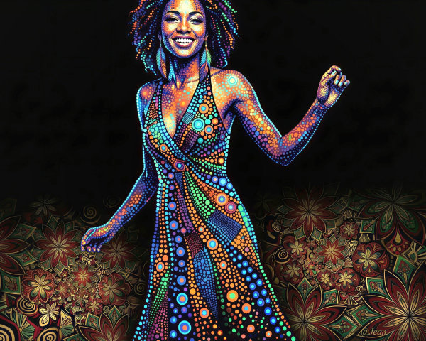 Vibrant Artwork of a Grinning Black Woman in Dress