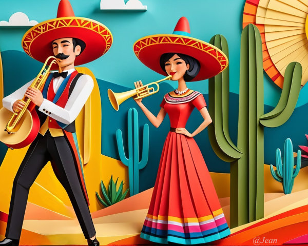 Vibrant Paper Cut-Out Scene of Musicians in Desert
