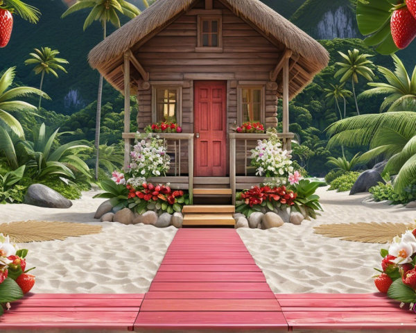 Wooden Cottage by Sandy Beach with Tropical Landscape