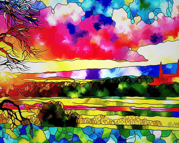 Abstract Landscape with Vibrant Sunset and Tree Silhouette