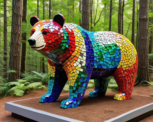 Vibrant Mosaic Bear Sculpture in a Green Forest