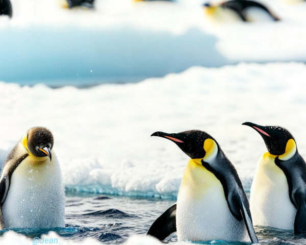 Emperor penguins on ice in a serene Arctic landscape