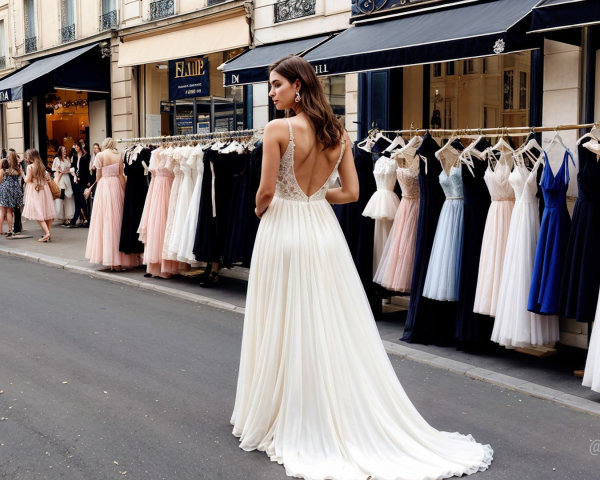 Bride in Elegant White Gown Amid Boutique Street