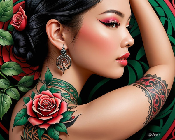 Portrait of a Woman with Vibrant Tattoos and Makeup