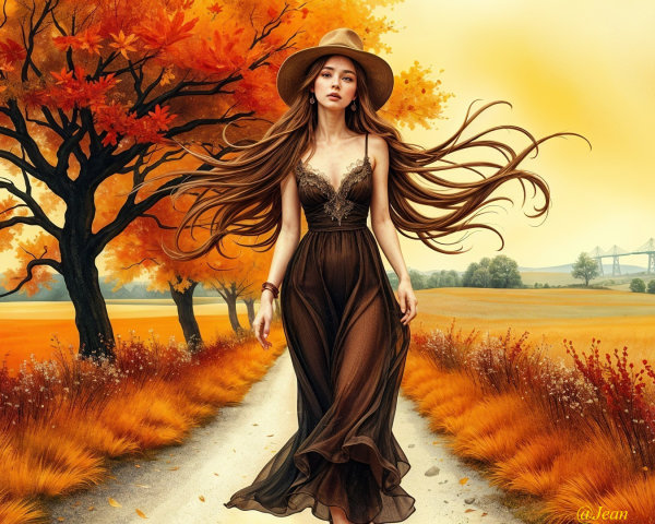 Young Woman in Autumn Landscape with Flowing Dress