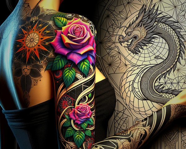 Tattoo Sleeve with Roses and Dragon Illustration
