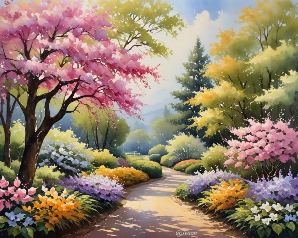 Serene Landscape with Winding Path and Vibrant Trees