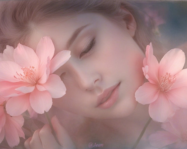 Portrait of a woman among pink blossoms in nature