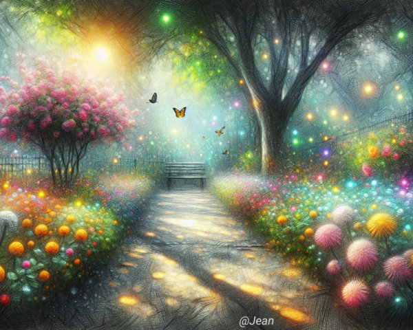 Whimsical Garden with Vibrant Flowers and Butterflies