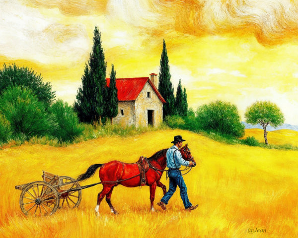 Man and Brown Horse Pulling Cart in Golden Field
