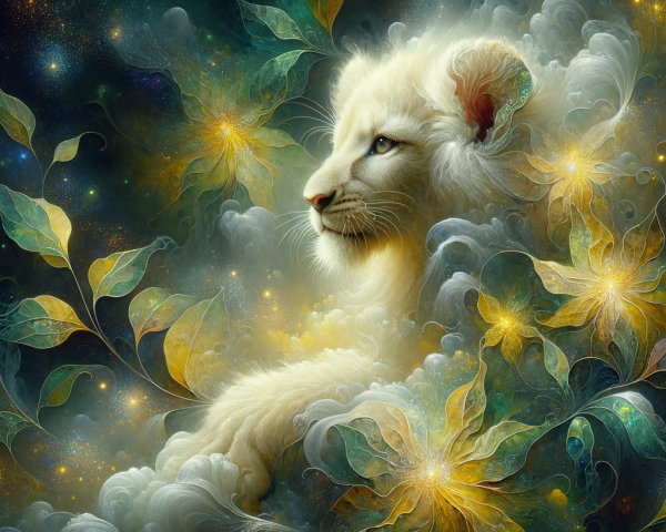 White Lion Cub in Ethereal Cloud and Flower Background
