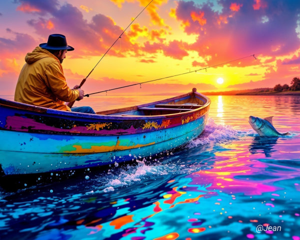 Vibrant Sunset Over Fisherman in Colorful Boat