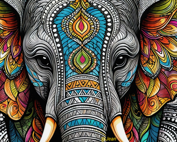Detailed Illustration of a Colorful Elephant's Face