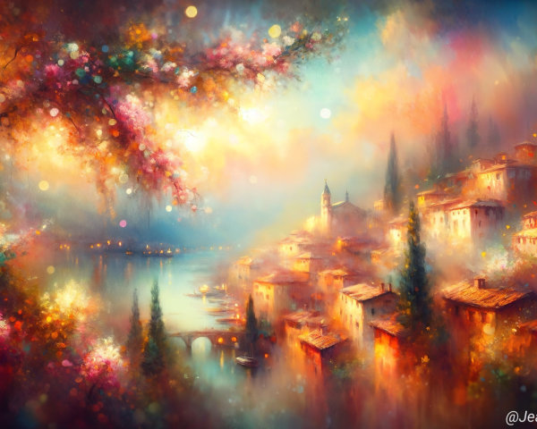 Vibrant Village Landscape by a Shimmering Lake