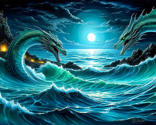 Surreal Cosmic Artwork of Blue Dragons and Ocean Waves