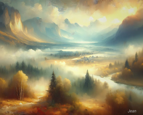 Serene Landscape with Majestic Mountains and River